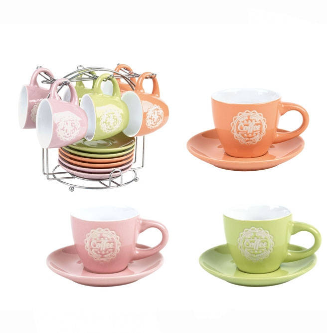 Helios 2834 набор кофейный "Эспрессо" 6 чашек 90мл на стойке с блюдцами, Разные цвета