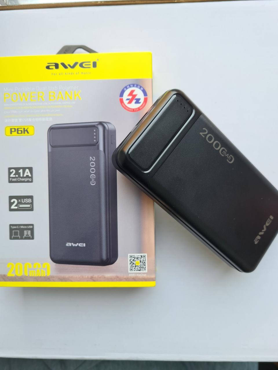 Power bank 20000mAh, павербанк AWEI P6K (реально 17000 mAh), два порта USB, Черный 
Power bank 20000mAh, павербанк AWEI P6K (реально 17000 mAh), два порта USB, Черный
