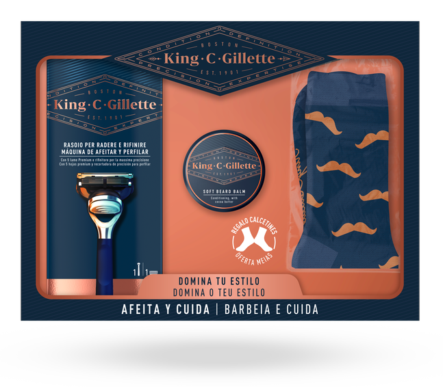 Подарочный набор King C. Gillette (станок с 1 сменным картриджем + бальзам для бороды + носки)
Подарочный набор King C. Gillette (станок с 1 сменным картриджем + бальзам для бороды + носки)