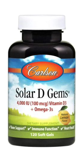 Рыбий жир с витамином D3, Solar D Gems, Carlson Labs, 4000 МЕ, 120 гелевых капсул (CAR-01481)
Рыбий жир с витамином D3, Solar D Gems, Carlson Labs, 4000 МЕ, 120 гелевых капсул (CAR-01481)