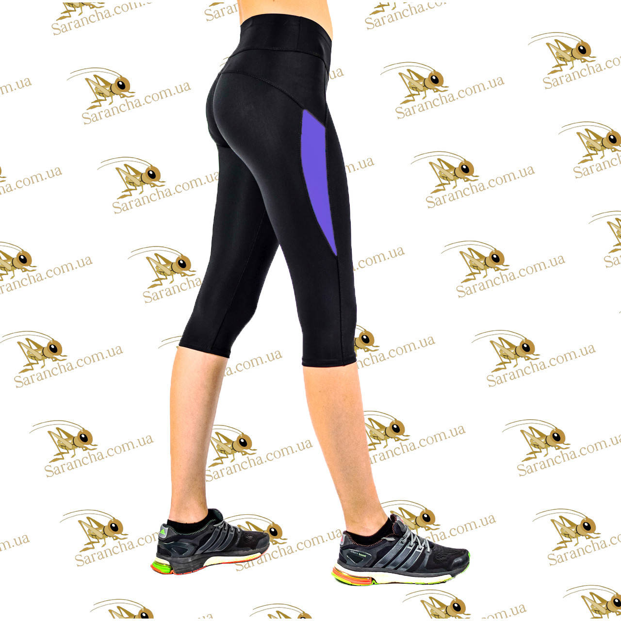 Женские спортивные бриджи черные с сиреневыми вставками размеры от 42 до 50, Черный 
Женские спортивные бриджи черные с сиреневыми вставками размеры от 42 до 50, Черный