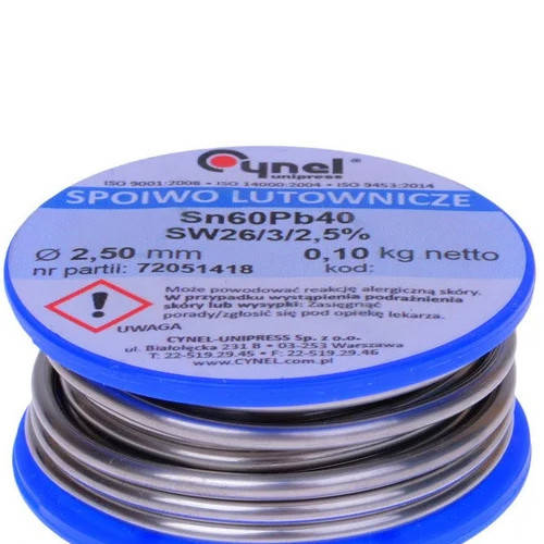 Припой Cynel Sn60Pb40-SW26 2.5мм, 100г
Припой Cynel Sn60Pb40-SW26 2.5мм, 100г