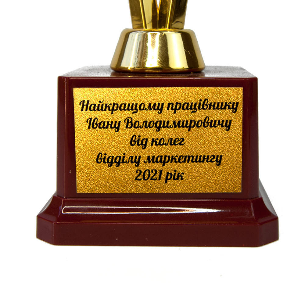 Индивидуальная печать №6 надписи на табличке пьедестала для Кубков и Статуэток 5,2х3,5см 1481196749
Индивидуальная печать №6 надписи на табличке пьедестала для Кубков и Статуэток 5,2х3,5см 1481196749
