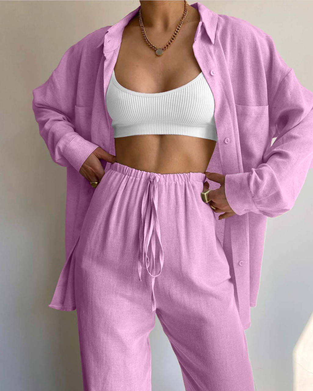 Женский тонкий костюм штаны и рубашка из жатки Размер: S-М; М-L, Зелёный 
Женский тонкий костюм штаны и рубашка из жатки Размер: S-М; М-L, Зелёный