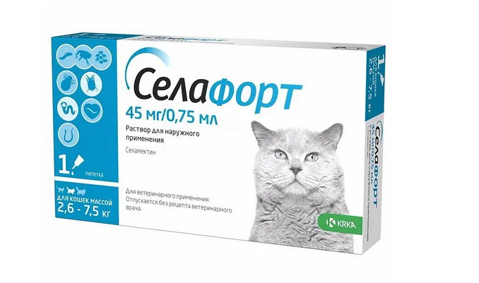Селафорт спот-он, 45 мг/0,75 мл, для котов весом 2,6 - 7,5 кг. Лечение и профилактика поражения блохами
Селафорт спот-он, 45 мг/0,75 мл, для котов весом 2,6 - 7,5 кг. Лечение и профилактика поражения блохами