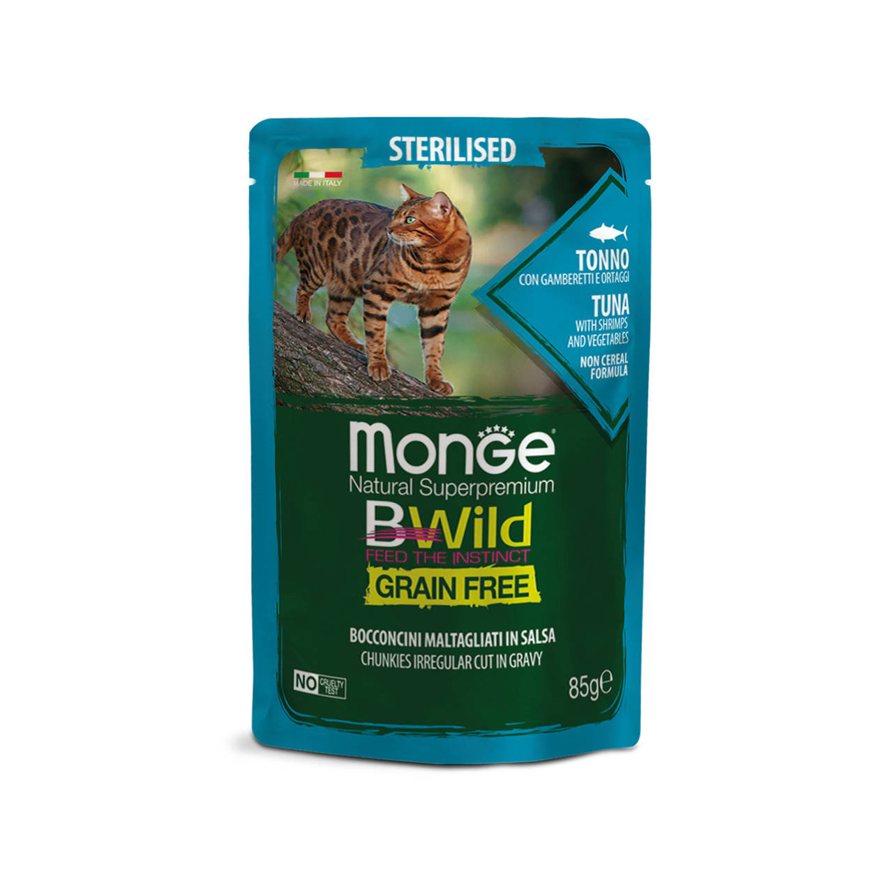 MONGE BWILD Sterilised Беззерновая консерва из тунца с креветками и овощами для стерилизованных кошек 85 гр
MONGE BWILD Sterilised Беззерновая консерва из тунца с креветками и овощами для стерилизованных кошек 85 гр