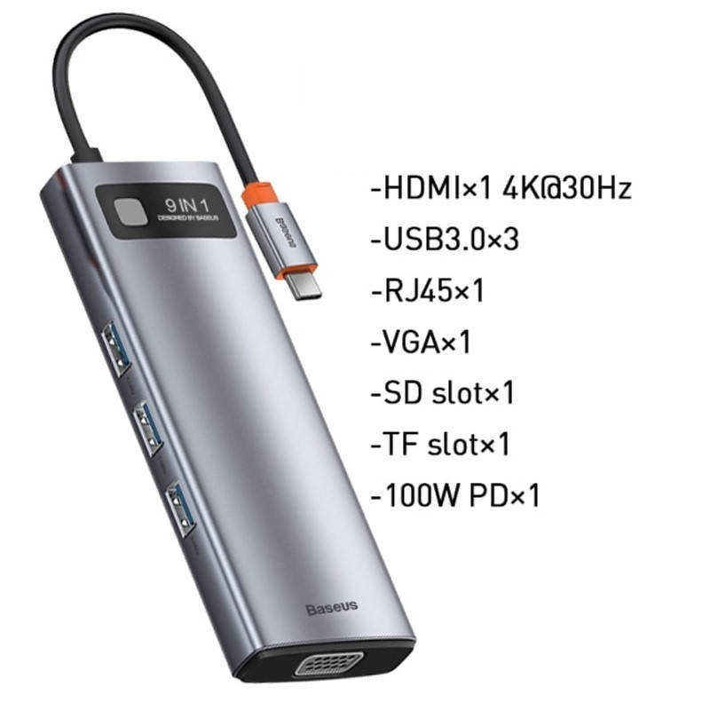 USB Type-C хаб Baseus Metal Gleam 9-in-1 100W 3USB3.0 HDMI Type-C RJ45 VGA TF SD Gray (CAHUB-CU0G)
USB Type-C хаб Baseus Metal Gleam 9-in-1 100W 3USB3.0 HDMI Type-C RJ45 VGA TF SD Gray (CAHUB-CU0G)