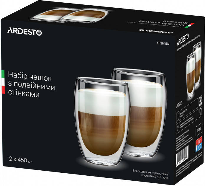 Набор стаканов для латте с двойными стенками (двойным дном) Ardesto 2 шт х 450 мл (AR2645G), Прозрачный
Набор стаканов для латте с двойными стенками (двойным дном) Ardesto 2 шт х 450 мл (AR2645G), Прозрачный