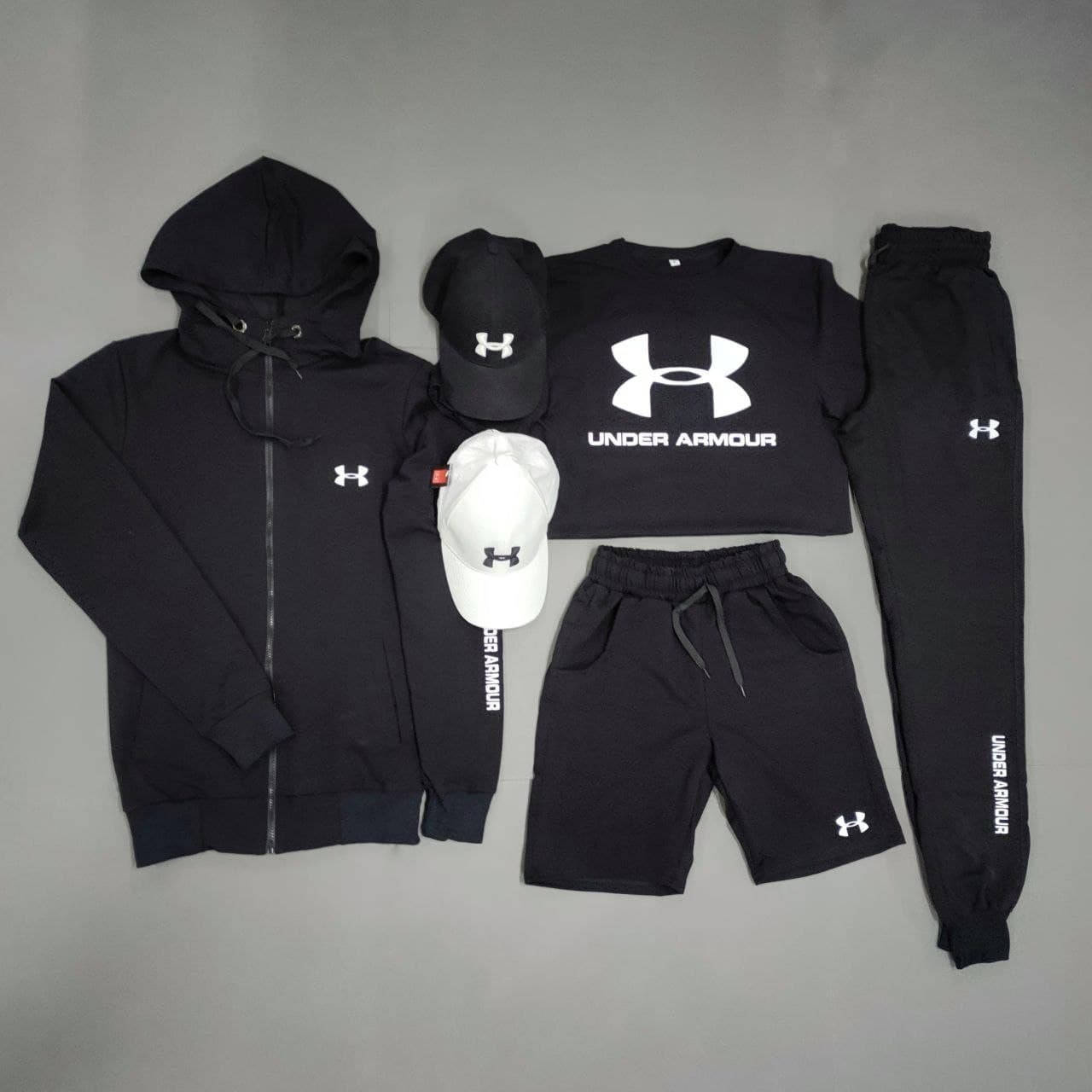 Комплект мужской Кофта + Штаны + Кепка + Шорты + Футболка Under Armour черно-белый | Спортивный костюм, Черный
Комплект мужской Кофта + Штаны + Кепка + Шорты + Футболка Under Armour черно-белый | Спортивный костюм, Черный