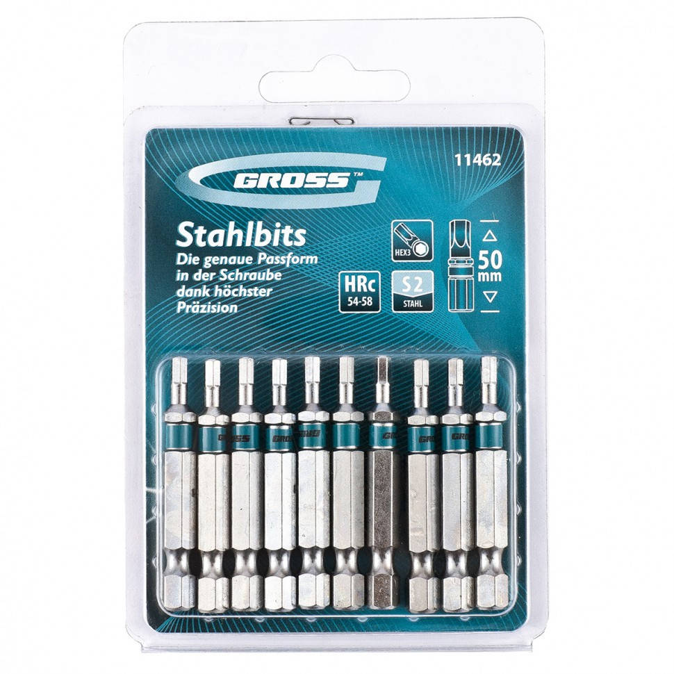 Набор бит HEX 3 х 50, сталь S2, 10 шт Gross 11462 
Набор бит HEX 3 х 50, сталь S2, 10 шт Gross 11462