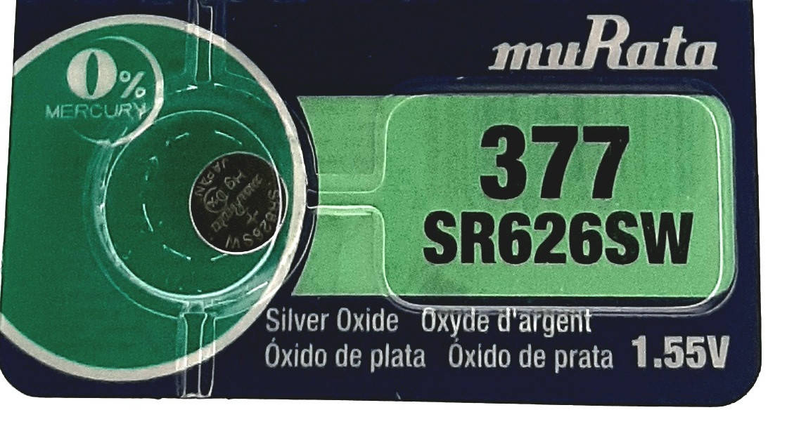 Батарейка для часов. muRata/Sony SR626SW (377) 1.55V 28mAh 6.8x2.6mm Серебрянно-цинковая
Батарейка для часов. muRata/Sony SR626SW (377) 1.55V 28mAh 6.8x2.6mm Серебрянно-цинковая