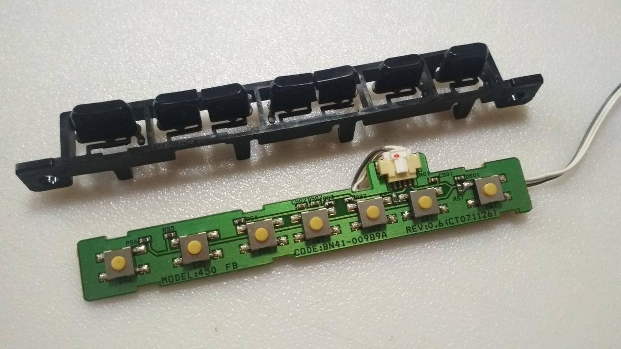 Плата управления (кнопки) BN41-00989A Rev: 0.6 (CT071126) к телевизору Samsung LE40A450C2, Samsung LE40A552P3
Плата управления (кнопки) BN41-00989A Rev: 0.6 (CT071126) к телевизору Samsung LE40A450C2, Samsung LE40A552P3