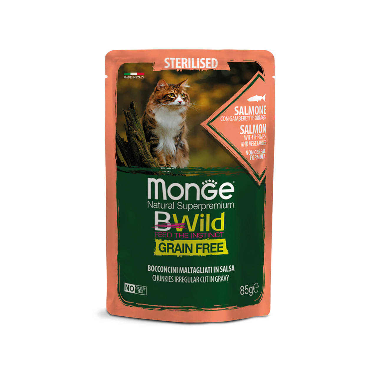 MONGE BWILD Sterilised Беззерновая консерва из лосося с креветками и овощами для стерилизованных кошек 85 гр
MONGE BWILD Sterilised Беззерновая консерва из лосося с креветками и овощами для стерилизованных кошек 85 гр