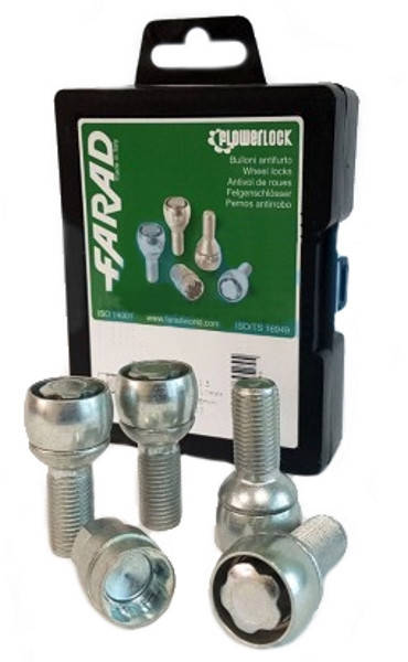 Болты секретные M14x1,5x28; Сфера, R13, Цинк, Farad FlowerLock sk295 - комплект (один ключ), закр. с кольцом
Болты секретные M14x1,5x28; Сфера, R13, Цинк, Farad FlowerLock sk295 - комплект (один ключ), закр. с кольцом