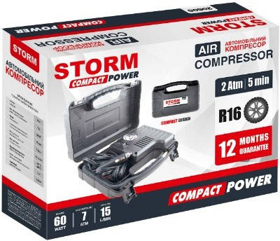 Компрессор для подкачки шин 12В, 7 Атм, 15л/м.,60 Вт, дл.шланга 0,45 "STORM" Compact Power
Компрессор для подкачки шин 12В, 7 Атм, 15л/м.,60 Вт, дл.шланга 0,45 "STORM" Compact Power
