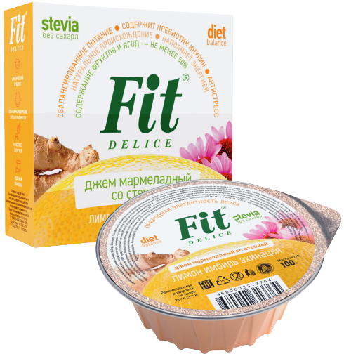 Джем мармеладный со стевией ФитПарад Fit Delice вкус Лимон-Имбирь-Эхинацея (100 грамм)
Джем мармеладный со стевией ФитПарад Fit Delice вкус Лимон-Имбирь-Эхинацея (100 грамм)