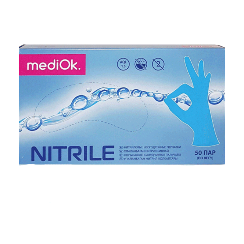 Перчатки нитриловые MediOk Blue 100 шт, M, Синий
Перчатки нитриловые MediOk Blue 100 шт, M, Синий