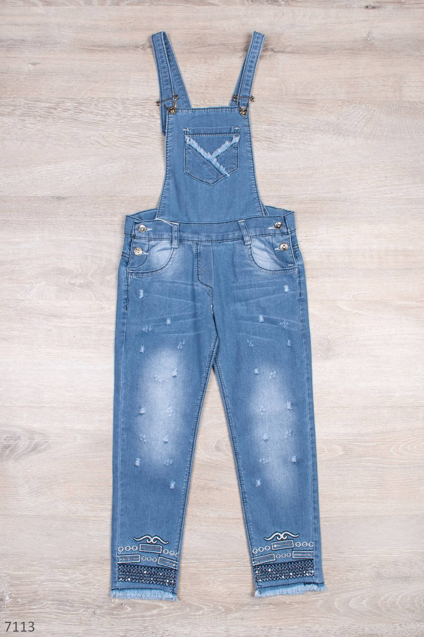 Джинсовый комбинезон для девочки 8-12 лет 3 расцветки, Голубой 
Джинсовый комбинезон для девочки 8-12 лет 3 расцветки, Голубой