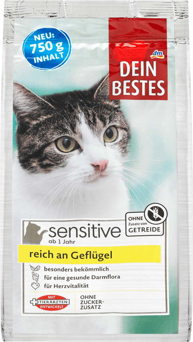 Сухой корм для чувствительных кошек, богатый птицами Dein Bestes Sensitive, 750 гр
Сухой корм для чувствительных кошек, богатый птицами Dein Bestes Sensitive, 750 гр