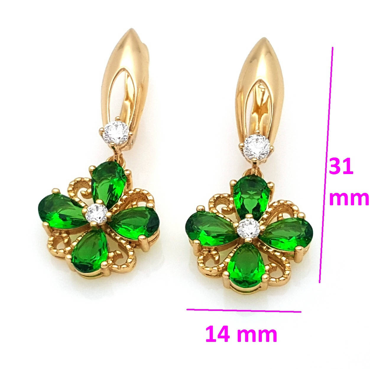 Серьги, Цветок с завитками, вставка зеленый цирконий, англ.замок, позолота Xuping, 18К 
Серьги, Цветок с завитками, вставка зеленый цирконий, англ.замок, позолота Xuping, 18К