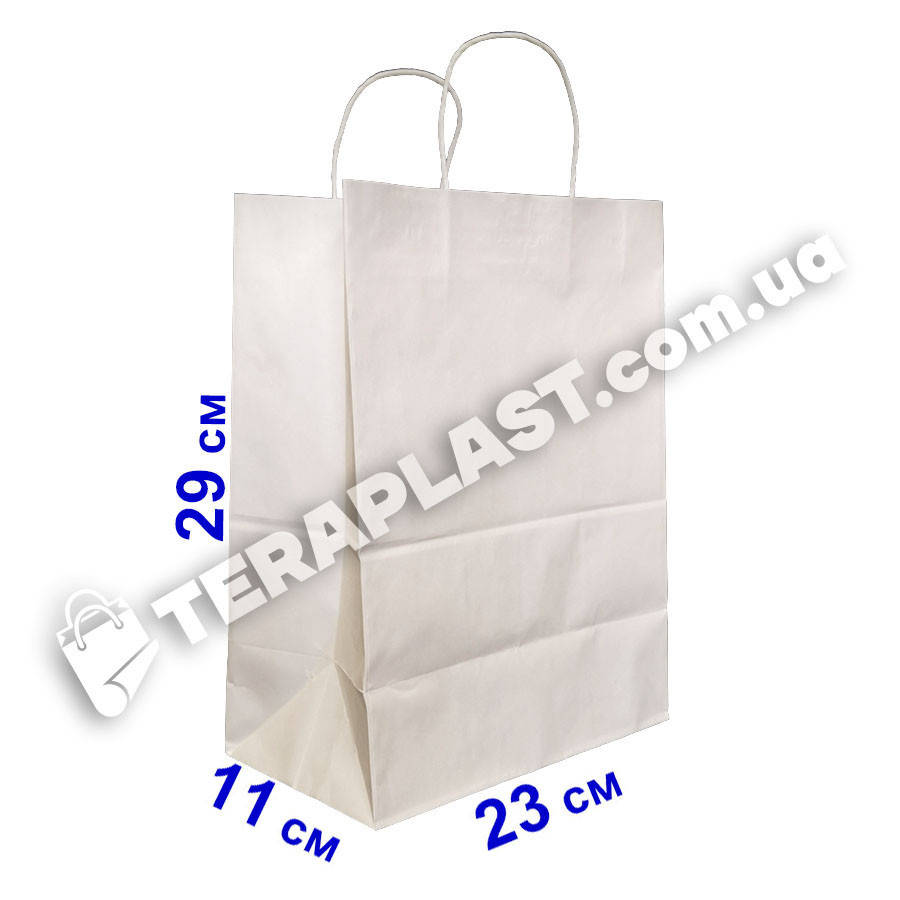 Бумажный пакет 230х110х290 белый с ручками, плотность 90г/м2 
Бумажный пакет 230х110х290 белый с ручками, плотность 90г/м2
