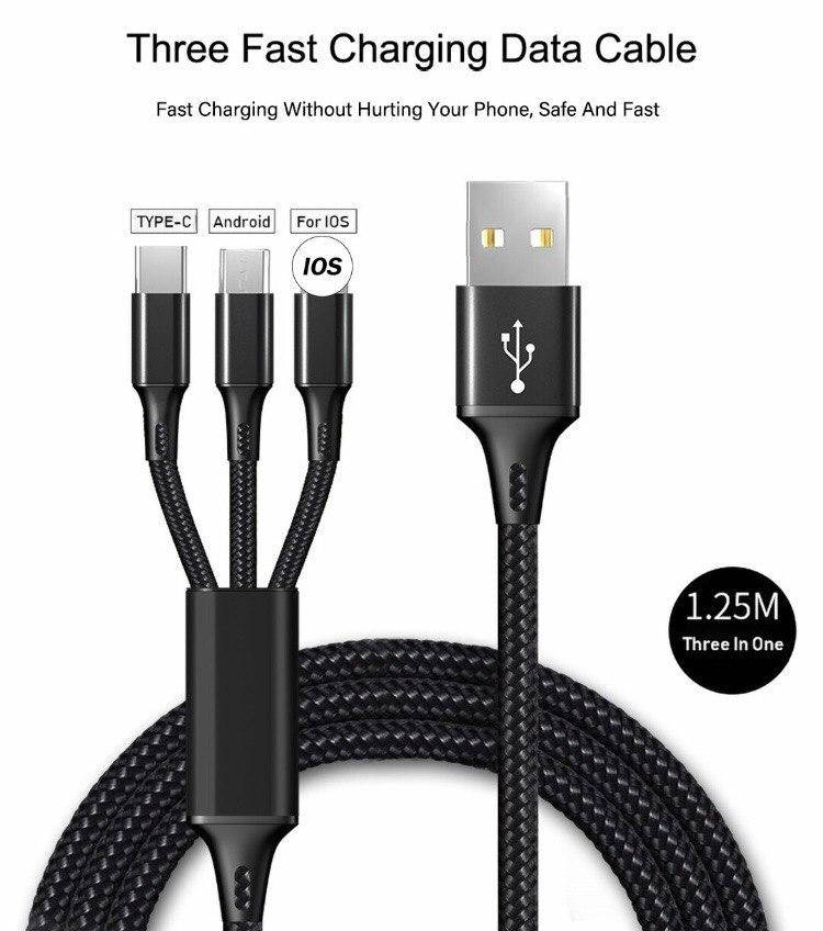 Универсальный 3 в 1 мобильный кабель Micro USB типа C Кабель быстрого зарядного устройства для смартфона, Черный
Универсальный 3 в 1 мобильный кабель Micro USB типа C Кабель быстрого зарядного устройства для смартфона, Черный