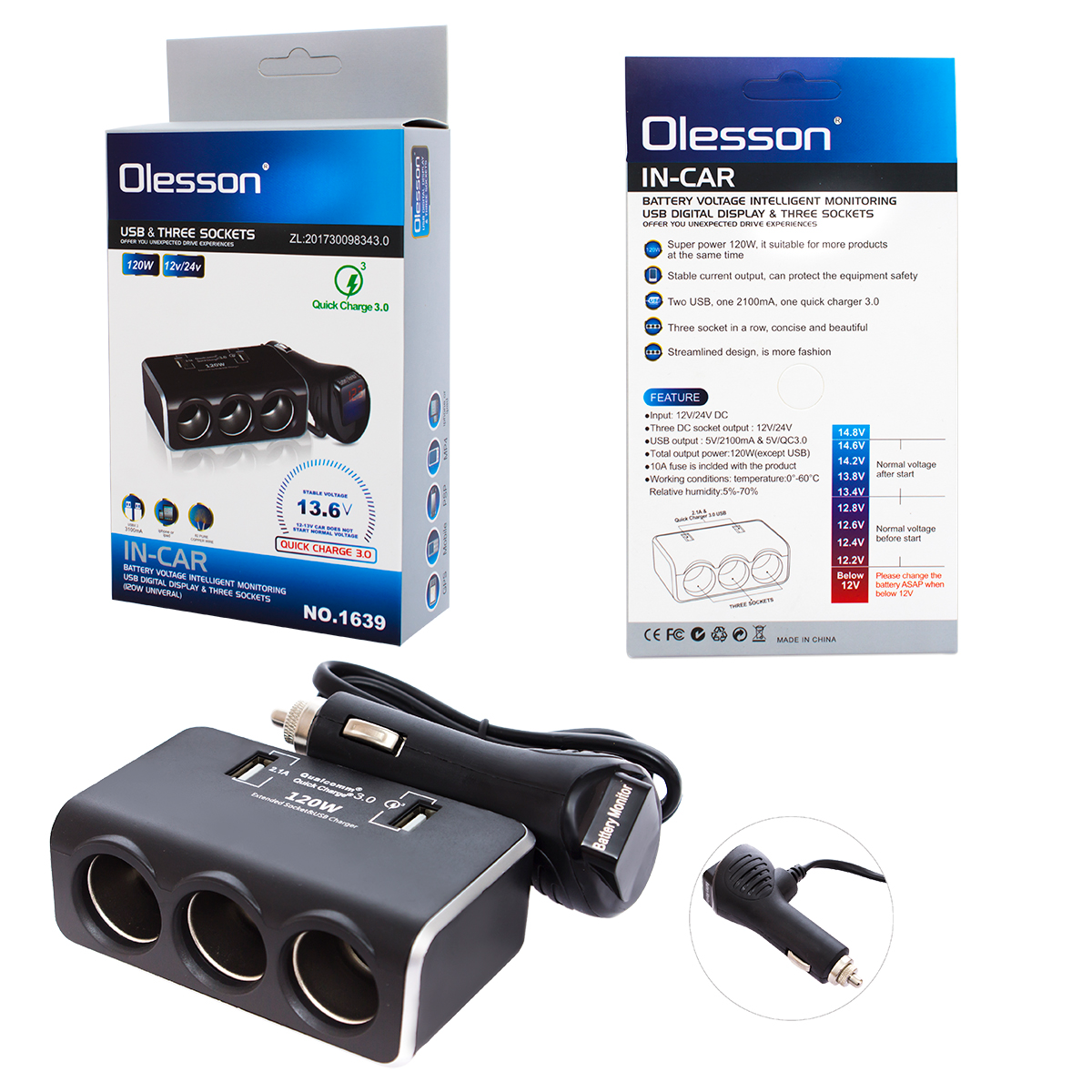 АЗУ разветвитель тройник для прикуривателя Olesson 1639 на 3 гнезда, 2 USB с индикатором и быстрой зарядкой
АЗУ разветвитель тройник для прикуривателя Olesson 1639 на 3 гнезда, 2 USB с индикатором и быстрой зарядкой