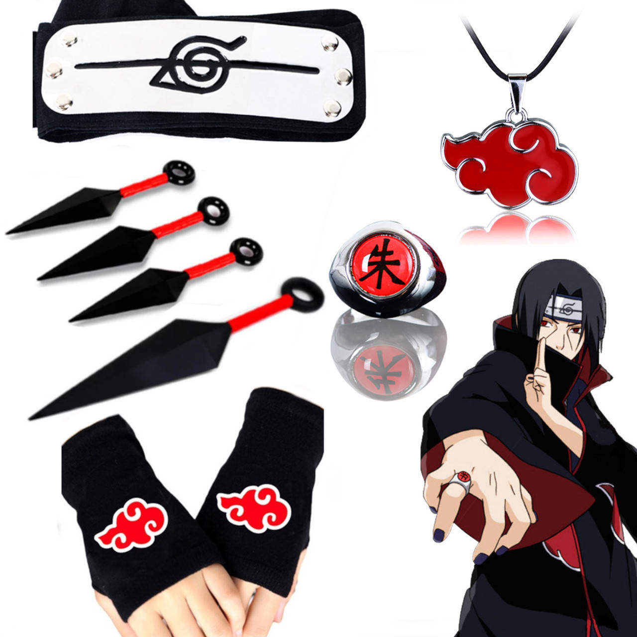 Набор Итачи Учихи (Акацуки) из аниме Наруто Naruto: Повязка + Кольцо + Перчатки + Кунаи + Кулон
Набор Итачи Учихи (Акацуки) из аниме Наруто Naruto: Повязка + Кольцо + Перчатки + Кунаи + Кулон