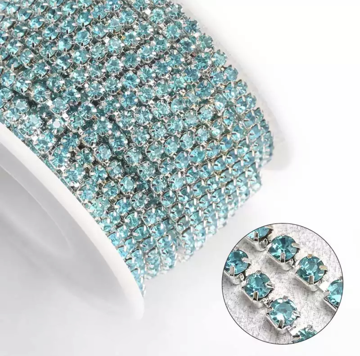 Стразовая цепочка, цвет Aqua, ss6 (2mm), металл серебро, 1м