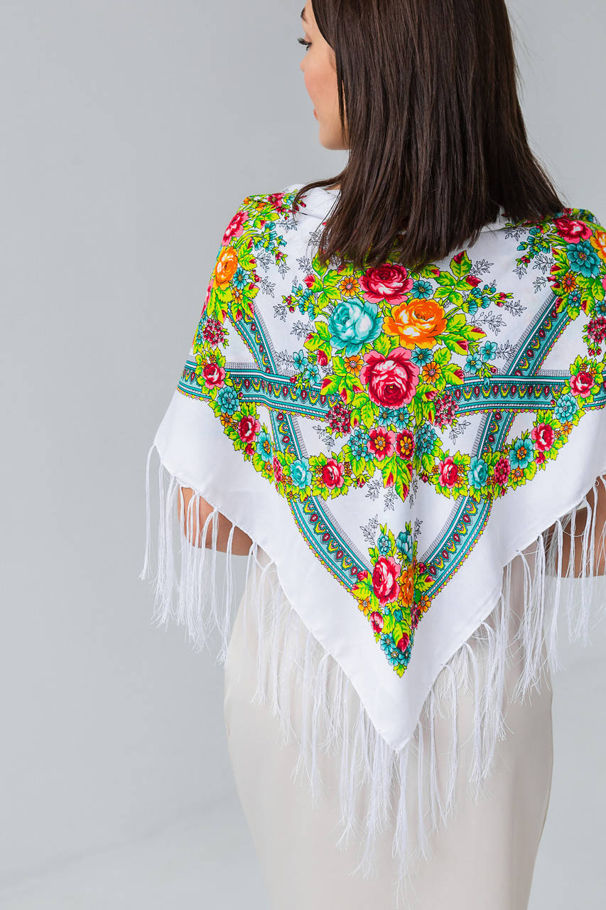 Платок шерстяной с бахромой (Турция) белый+бирюзовый, Разные цвета 
Платок шерстяной с бахромой (Турция) белый+бирюзовый, Разные цвета