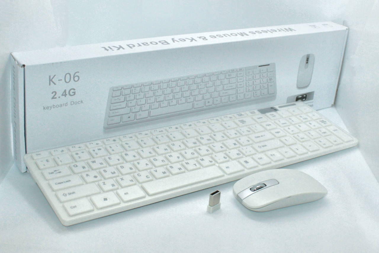 Комплект беспроводная клавиатура и мышь K06 для компьютера с защитной пленкой, Белый
Комплект беспроводная клавиатура и мышь K06 для компьютера с защитной пленкой, Белый