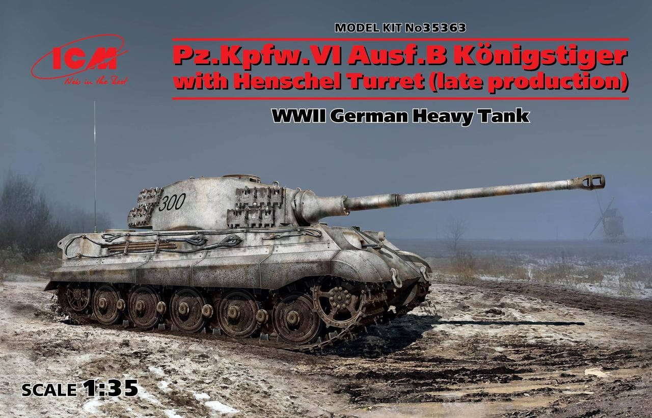 Pz.Kpfw.VI Ausf.B "Королевский Тигр"с башней Хеншель(позд.произв), Германский тяжелый танк ІІМВ. 1/35 ICM35363
Pz.Kpfw.VI Ausf.B "Королевский Тигр"с башней Хеншель(позд.произв), Германский тяжелый танк ІІМВ. 1/35 ICM35363