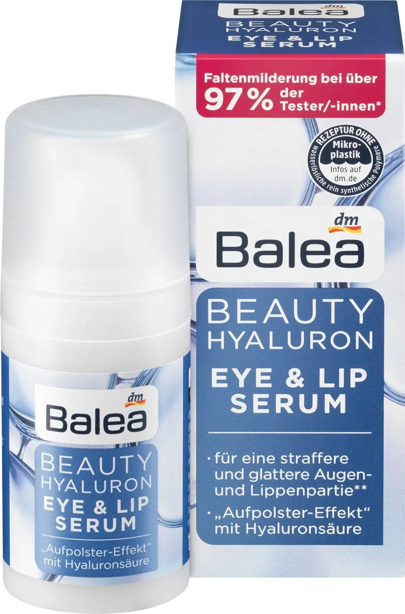 Balea Beauty Hyaluron Eye & Lip Serum сыворотка с гиалуроновой кислотой для кожи вокруг глаз и губ 15 мл 30+
Balea Beauty Hyaluron Eye & Lip Serum сыворотка с гиалуроновой кислотой для кожи вокруг глаз и губ 15 мл 30+