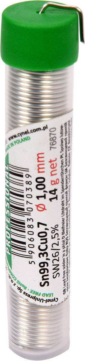 Припій без свинцю CYNEL : Ø1 мм, Sn99,3-Cu0,7 дротяний в капсулі з флюсом m= 14 г