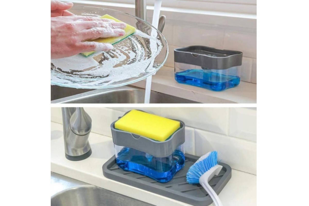 Диспенсер Soap Pump Sponge Cadd для моющего средства с ручным дозатором и подставкой для губки на кухню.
Диспенсер Soap Pump Sponge Cadd для моющего средства с ручным дозатором и подставкой для губки на кухню.