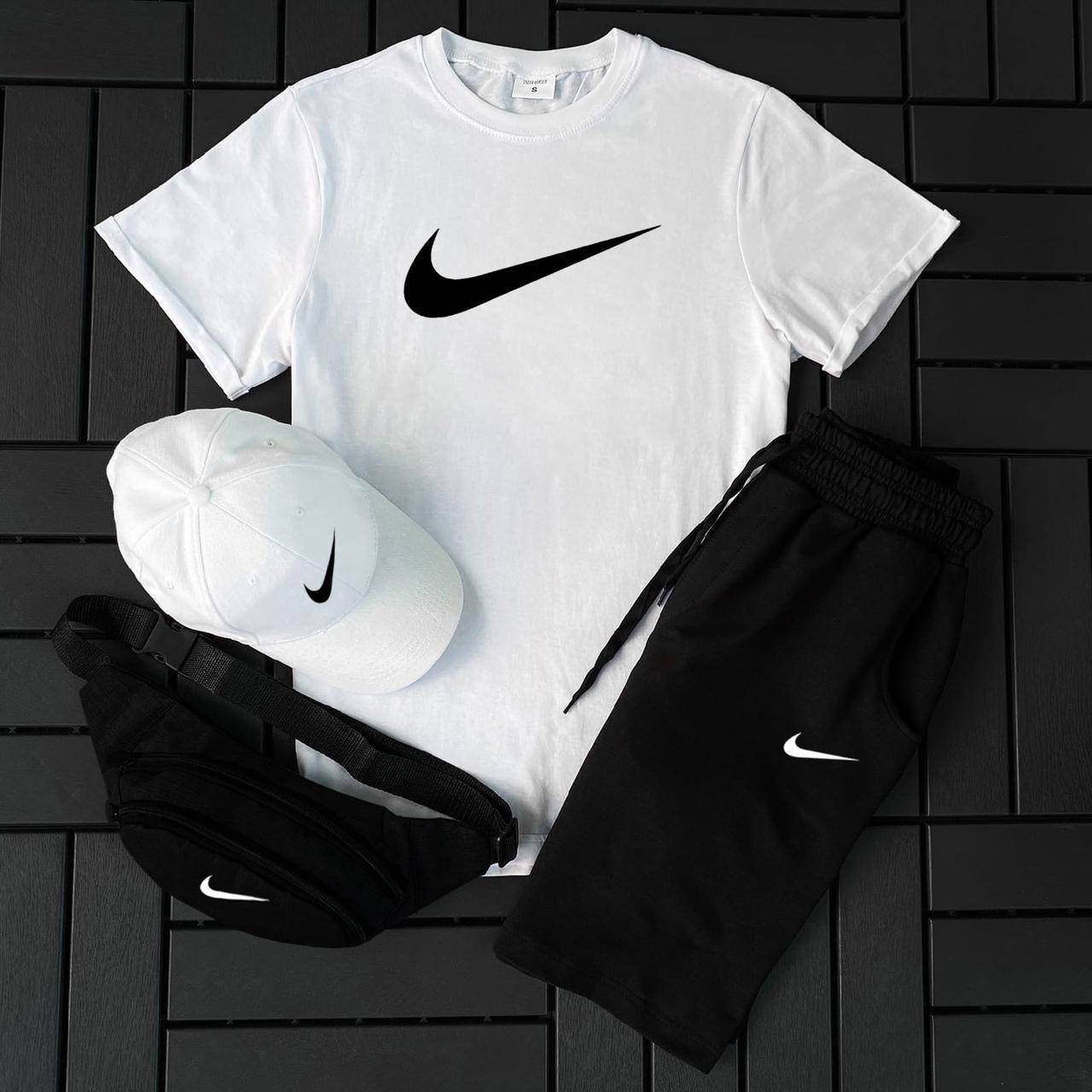 Мужской летний комплект Nike футболка + шорты + бананка + кепка | летний костюм найк белый с черным Люкс
Мужской летний комплект Nike футболка + шорты + бананка + кепка | летний костюм найк белый с черным Люкс