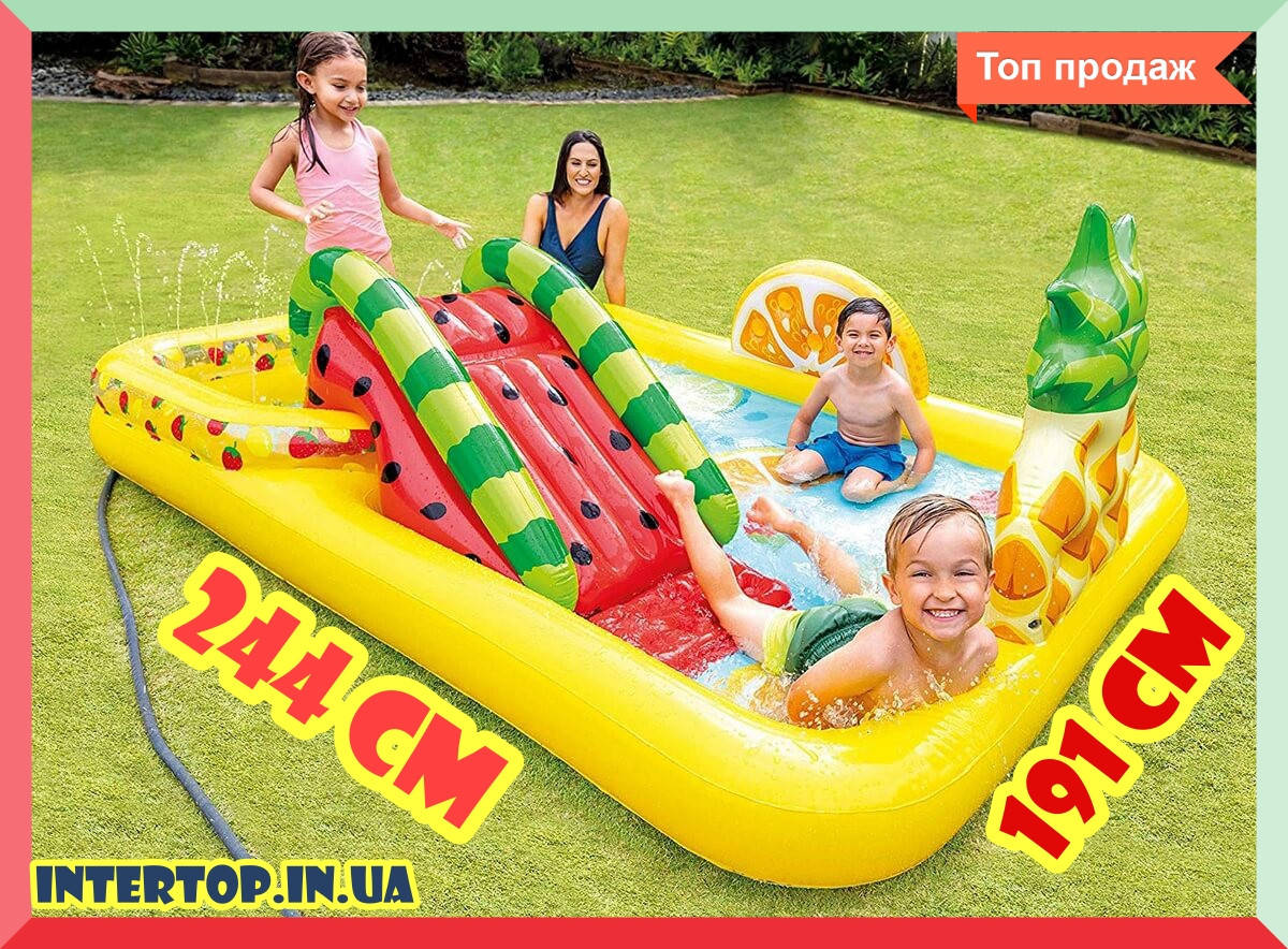 Детский надувной игровой центр бассейн с горкой 244х191х91 Фрукты INTEX 57158, Разные цвета 
Детский надувной игровой центр бассейн с горкой 244х191х91 Фрукты INTEX 57158, Разные цвета