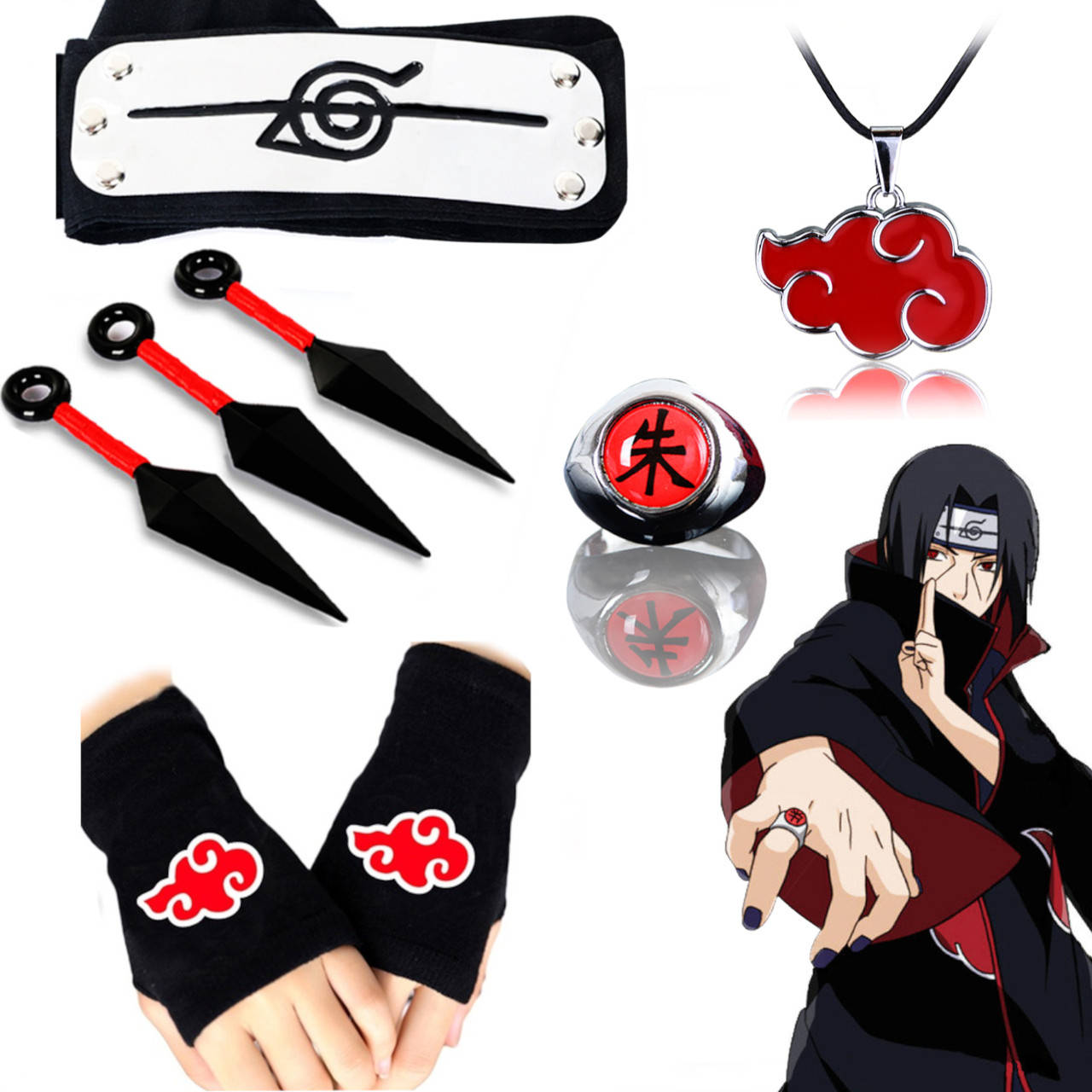 Набор Итачи Учихи (Акацуки) из аниме Наруто Naruto: Повязка + Кольцо + Перчатки + Кунаи + Кулон
Набор Итачи Учихи (Акацуки) из аниме Наруто Naruto: Повязка + Кольцо + Перчатки + Кунаи + Кулон