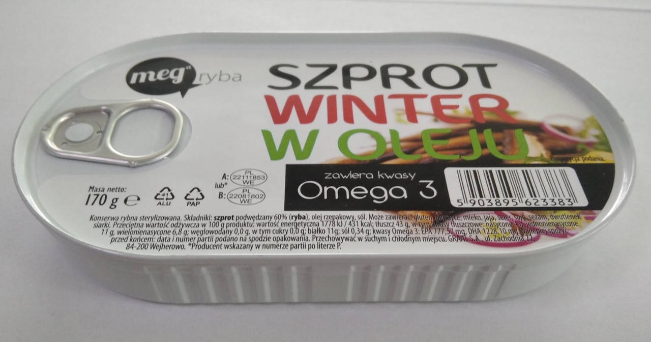 Консерва «Шпроты в масле "WINTER" 170 г» в розницу или оптом. Производство - Польша (GRAAL S.A)
Консерва «Шпроты в масле "WINTER" 170 г» в розницу или оптом. Производство - Польша (GRAAL S.A)