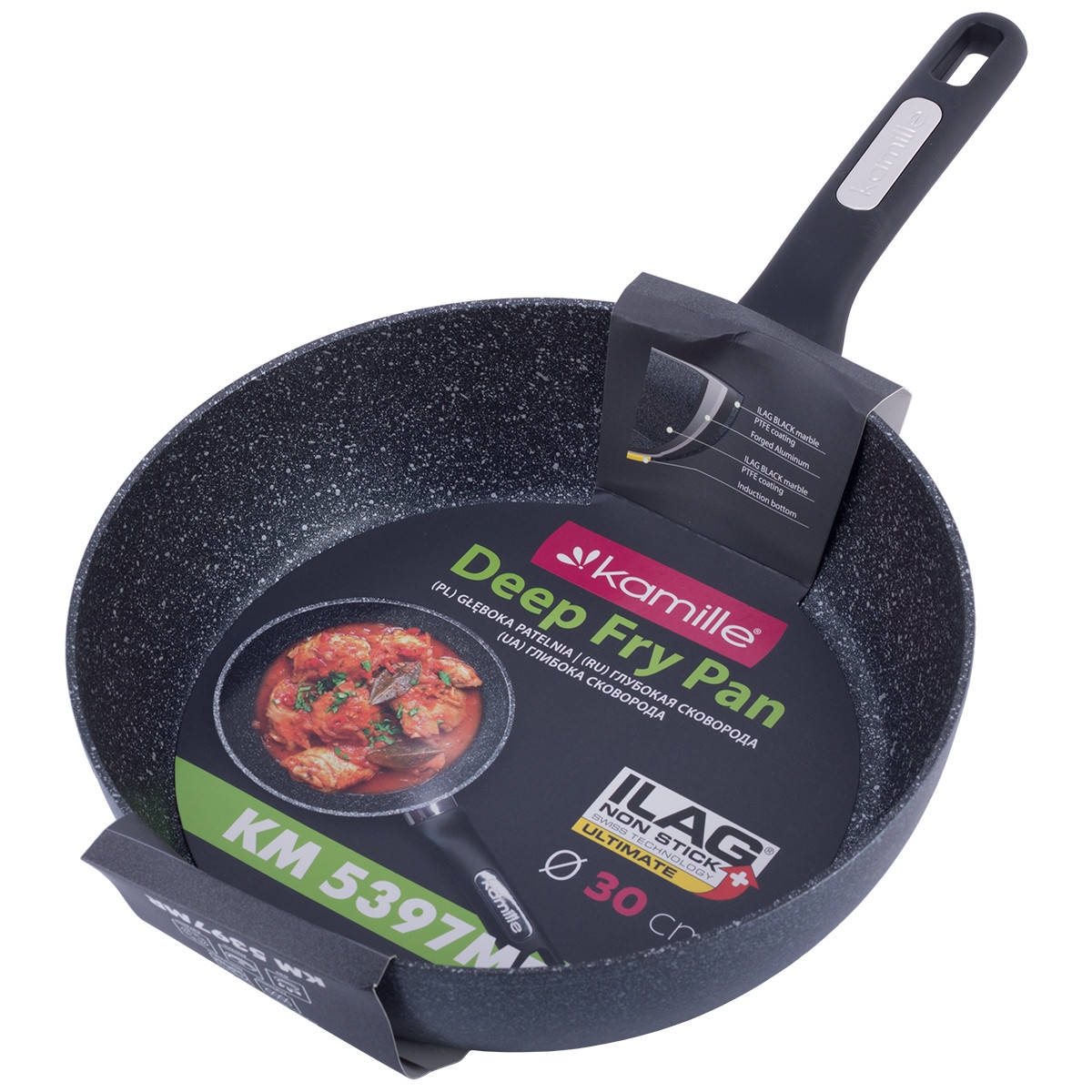 Сотейник Kamille 30см с антипригарным покрытием черный мрамор из алюминия для индукции и газа KM-5397MR