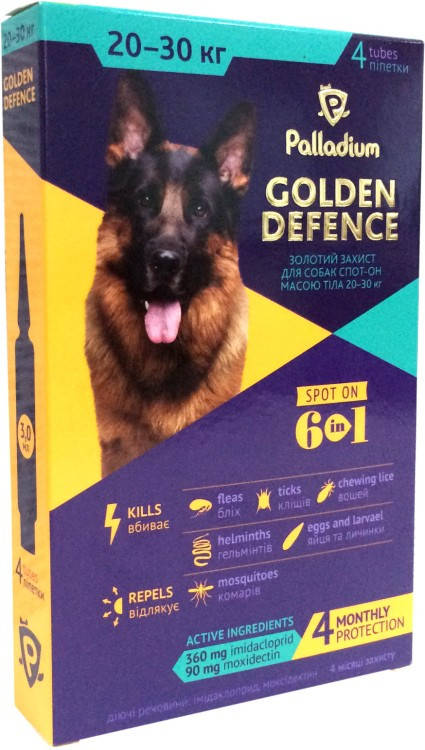 Капли на холку Golden Defence (Голден дефенс) от паразитов для собак весом 20-30 кг 1 пипетка Palladium
Капли на холку Golden Defence (Голден дефенс) от паразитов для собак весом 20-30 кг 1 пипетка Palladium