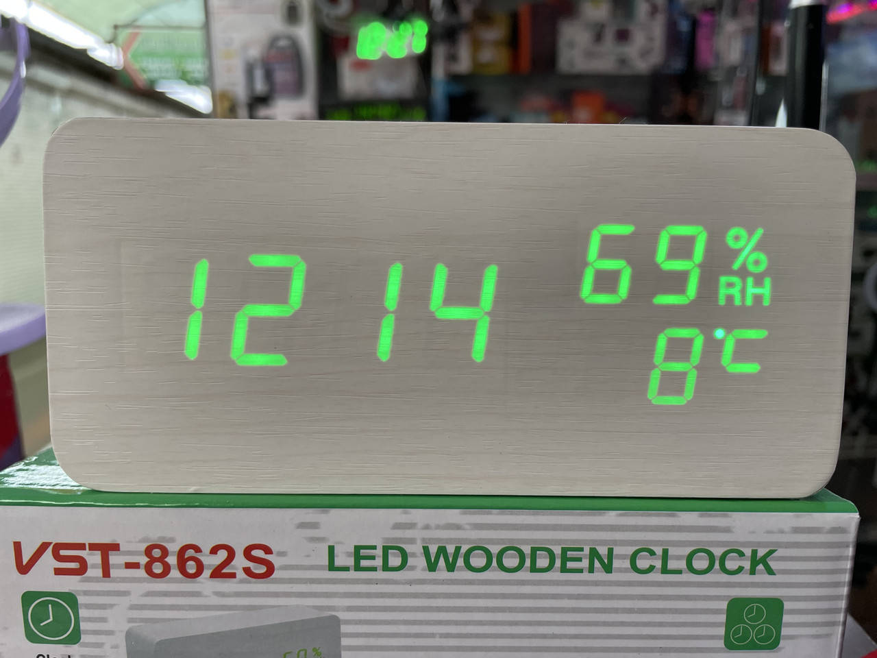 

Часы сетевые VST-862S-4 зеленые, (корпус белый) температура, влажность, USB