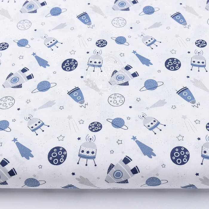 

Ткань хлопковая с маленькими синими ракетами на белом фоне (№2567)., Синий