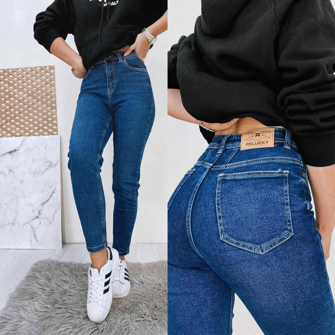 

Женские джинсы МОМ плотные темно-синие фабричный Китай в размерах 25-30 с высокой посадкой