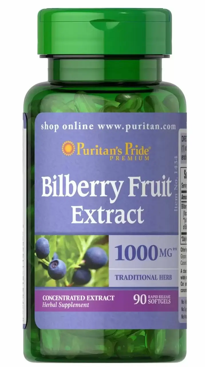 

Черника, Bilberry 4:1 Extract, Puritan's Pride, 1000 мг, 90 капсул (PTP-11434)