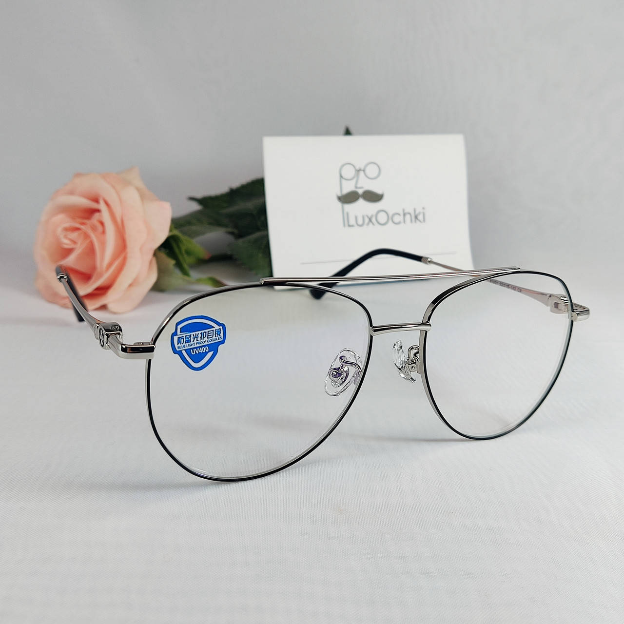 

Компьютерные очки капли авиаторы с линзой блю блокер черный +серебро