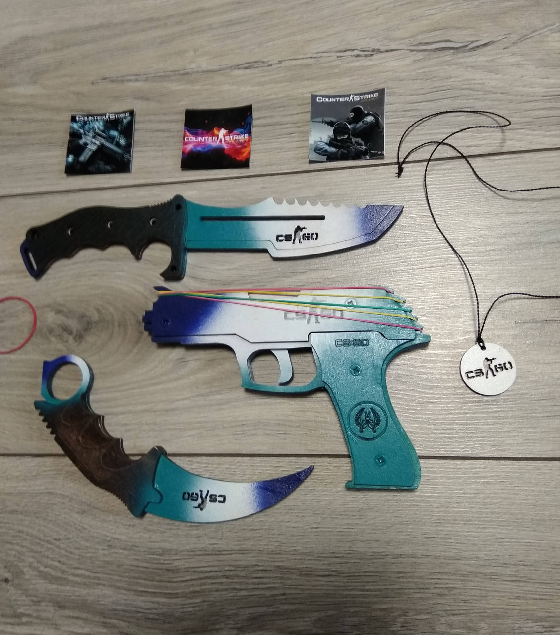

Комплект деревянного оружия с CS:GO: ПИСТОЛЕТ РЕЗИНКОСТРЕЛ + КЕРАМБИТ+ ОХОТНИЧИЙ НОЖ. Подарок мальчику КС ГО.