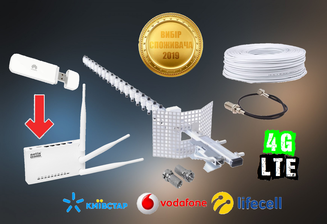 

КОМПЛЕКТ роутер с антенной СТРЕЛА 3G 4G LTE 21дБ WiFi NETIS mw5230 USB модем Huawei E3372 LAN k5160