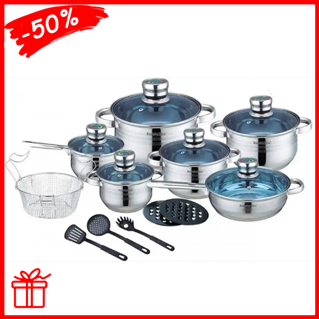 

Набор посуды Royalty Line из нержавеющей стали, кастрюли для индукционной плиты на 18 предметов, Серебристый