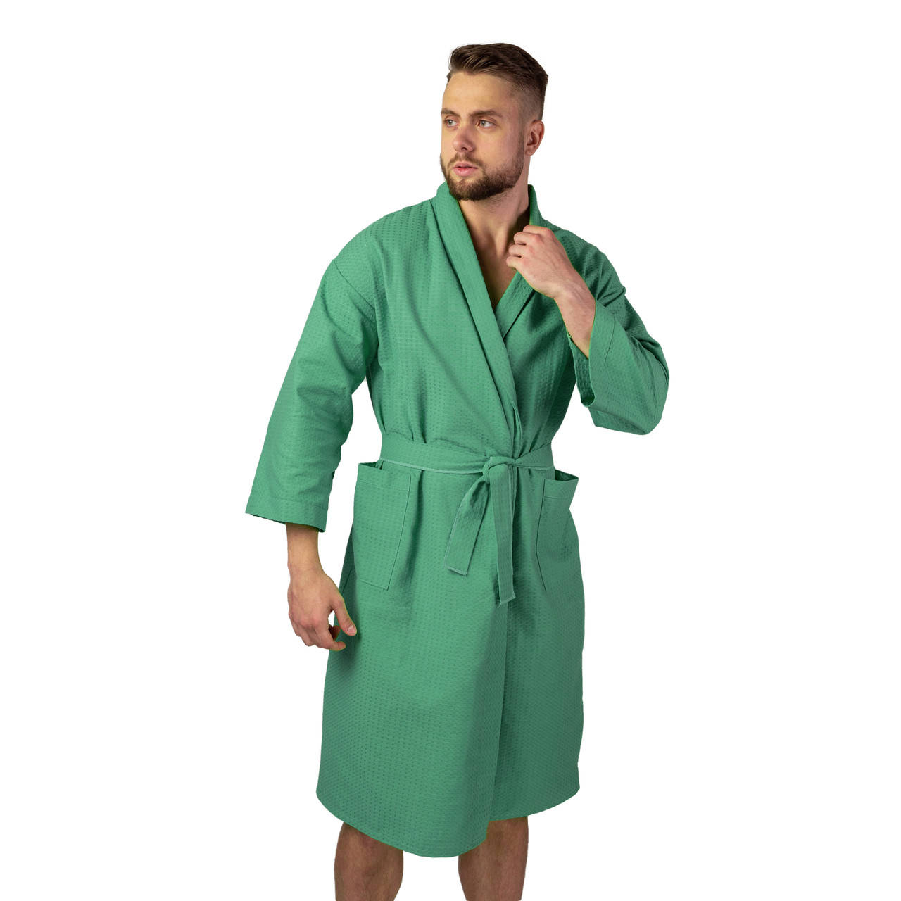

Вафельный халат Luxyart Кимоно размер (54-56) XL 100% хлопок зеленый (LS-0619)